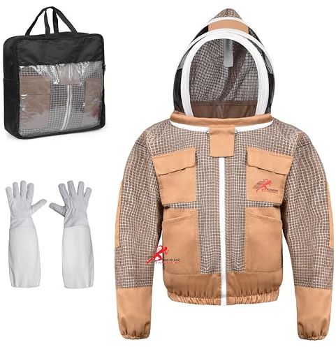 3 Layer Bee Jacket with Fencing Veil and One Pair of Gloves Beekeeping Jacket for Beginer and Professional Fully Protective Jacket Sting Proof Bee Jacket Ventilated Beekeeper Jacket (Khaki, Small)