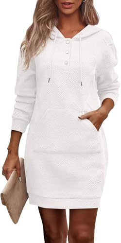 TrendiMax Robe à Capuche pour Femme Automne Transition Sweat à Capuche Texture Bouton Manches Longues Robes avec Capuche, Blanc., L
