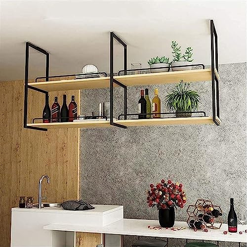 Portabicchieri e portabottiglie da appendere – Mensola sospesa in legno massiccio – Mensola sospesa a parete in ferro battuto e legno per cucina, bar, sala da pranzo