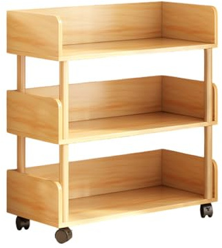 Rollwagen aus natürlichem 3-stöckigem Holz, vielseitiges Bücherregal und Sofa-Beistellschrank mit offenen Regalen für Zuhause, Büro und Küche