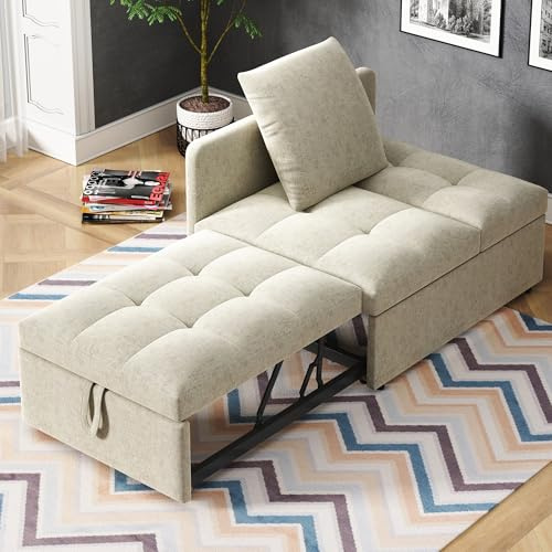Zravenna Divano letto 3 in 1 con funzione di sonno, divano pieghevole, sgabello per divano, schienale regolabile in 5 posizioni, divano in tessuto di lino, poltrona letto per soggiorno e camera degli