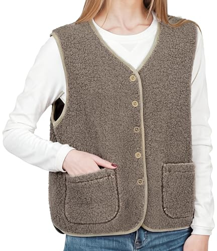 YMIFEEY Teddy Fleece Weste Damen Ärmellos Teddywesten Fleeceweste Fellweste Teddyfleece Weste Elegant Kuschelweste Übergangsjacke Herbstjacke Fleecejacke Herbst Winter Outdoor Oberteil (M, Braun)