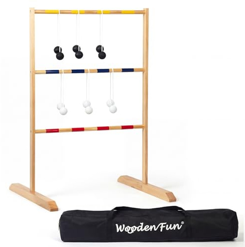 WOODENFUN Jeu de Golf en Échelle en Bois de Plein Air avec 9 Bolas & Sac - Jeu d’Adresse pour Plein Air et à l’Intérieur pour Adultes et Enfants à partir de 3 Ans 90x62x58cm