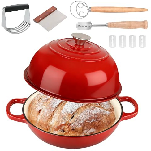 Olla de Hierro Fundido Esmaltada 5,7L Oval, Dutch Oven 26 cm con Tapa, Asas de Madera y Accesorios para Pan, Horno hasta 260°C, Todas Vitrocerámicas e Inducción