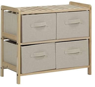 BRINDEK Organizador de madera de abeto con cajones de tela beige | Cajonera de Tela disponible en 3, 4 o 6 cajones | Mueble auxiliar con cestos para dormitorio, baño o salón (4 cajones)