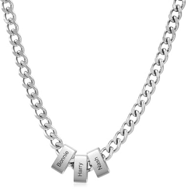 Amsgedhie Collier personnalisé pour Homme avec Noms Gravés Chaîne en Acier inoxydable Argent, Noir, Or Cadeau pour Fête des Pères, Cadeau de Noël (Argent-3 nom)