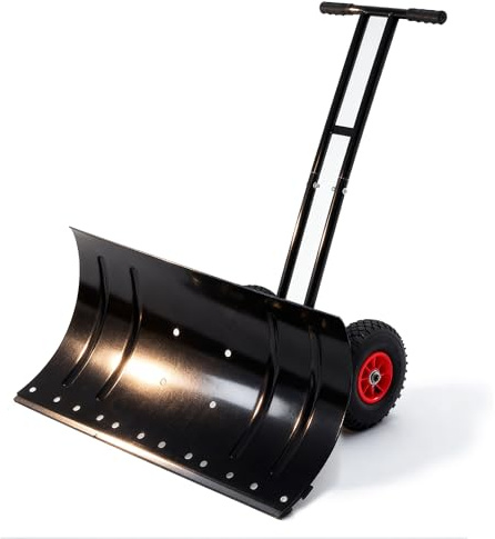 FammyLoft Schneeschieber mit Rädern, Zweistangen Schneeschaufel Metall mit Extra Breite 74 cm Schaufel, 5-stufig Höhenverstellbar (107-27,5cm), Schneeschippe, Klappbar und Leicht, Schwarz