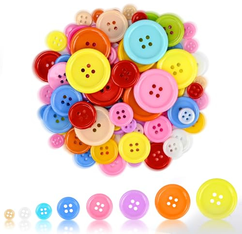JAXICREY 200 Stück Knöpfe Bunt, Druckknöpfe Plastik, Rund Druckknopf, Druckknöpfe Zum Annähen, 4 Löcher Kinderknöpfe Groß, Babyknöpfe für Basteln&DIY, Strickjacke, Painting Geschenk(9-28mm)