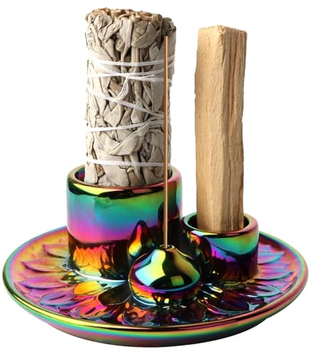 Soporte para Quemador de Salvia – Bandeja de Salvia esmaltada 3 en 1, Colorido recogedor de Cenizas para Quemar Incienso de Palos Santo, Bandeja para Velas de aromaterapia para decoración del hogar,
