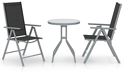 3-TLG. Bistro-Set Aluminium Textilene, verstellbare Stühle, runder Glastisch, für Garten Balkon Terrasse, silbernes Outdoor-Möbelset