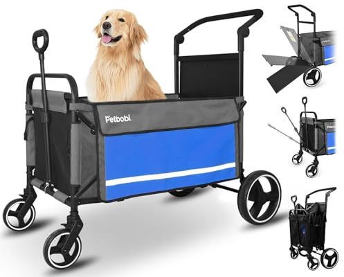 Petbobi 2-in-1 Schieb- & Zug-Hundetrolley für mittelgroße & große Hunde, mit Zugangsrampe für alte/behinderte Hunde, faltbarer Allterrain-Wagen für Camping & Outdoor, Blue
