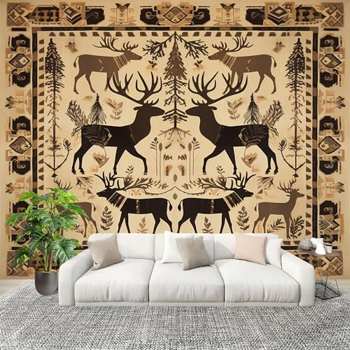 Mural Papel Pintado 3D 350x256cm Olas Bosque Animales Geometría Patrones Fotomurales Tejido No Tejido Antiarrugas Póster Marrón claro Murales Fotográfico Moderno Decoración de Paredes