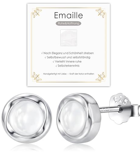 Ohrringe Silber 925 Ohrringe Schwarz Obsidian & Emaille Ohrstecker, Hypollergene Ohrstecker Silber 925 Schmuck Geschenke für Damen Mädchen Herren 8mm (weiß)