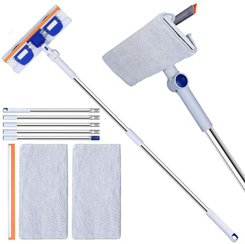 KLEXA Window Cleaning Pole Kit – Telescopic Extendable 3.7m (0–180° Rotating Head) with 14″ Silicone Squeegee & 2 Washable Microfiber Pads – Scratch-Free 2-in-1 Glass Washer for Home & Car