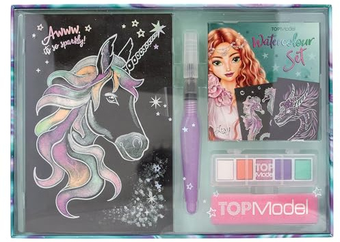 Depesche 13485 TOPModel - Metallic Watercolour Set, schwarzes Aquarellpapier mit 20 Motiven zum Ausmalen, inkl. Pinsel, glänzenden Wasserfarben und Schwämmchen
