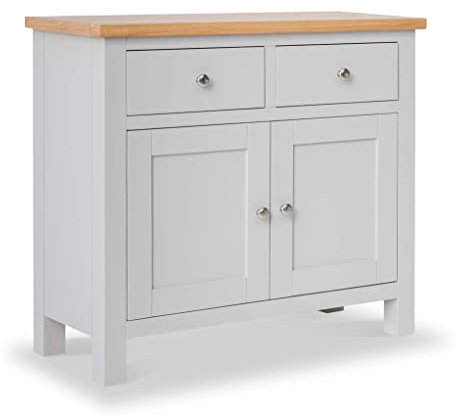 RoselandFurniture Farro Grey Small Sideboard Cabinet for Living Room | Fully Assembled, Painted Wooden Storage, Oak Top, 2 Door 2 Drawer Unit, Contemporary Coastal Style, H80cm W90cm D36cm