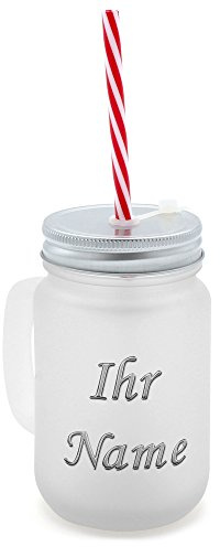 printplanet® - Trinkglas mit Henkel und Strohhalm - personalisiert mit Namen - Motiv Chrom-Schriftzug - Henkel-Glas satiniert mit Deckel und Mehrweg-Trinkhalm