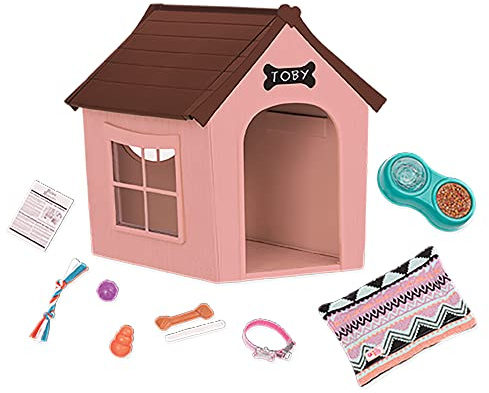 Our Generation Hundehaus-Spielset mit Kreidetafel für 46 cm Puppen | 10-teiliges Set mit Hundehütte, Napf mit Wasser und Futter, Halsband, Kissen, Zeitung, 4 Spielzeugen und Kreide, 5+ Jahre