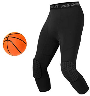 Unlimit Basketball Pants with Knee Pads, Black Knee Pads Compression Pants, 3/4 Capri Leggings, Black, XXXL