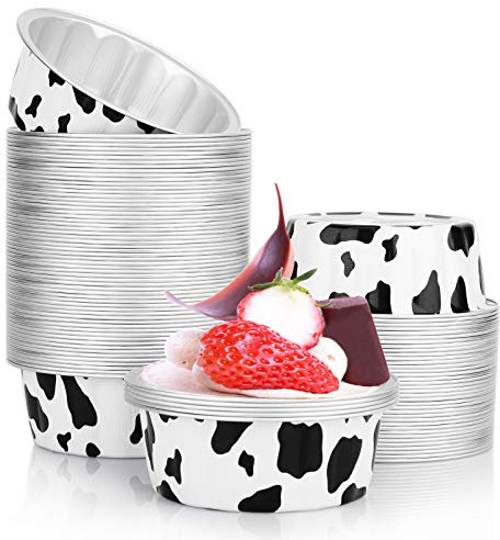 Beasea Lot de 100 ramequins jetables pour la pâtisserie, 227 ml, 9,9 cm, noir et blanc, motif vache, muffins, cupcakes, pudding pour fête, mariage