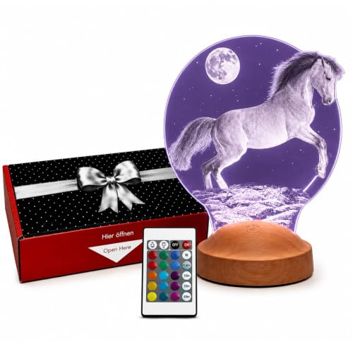 Pferd Personalisiertes LED Nachtlicht mit Mond und Sternenhimmel - Individuelle Acryl Lampe mit Namenfür Babys und Kinder, aufbäumendes Wildpferd Design als Geschenk zur Geburt oder Weihnachtszeit
