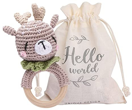 Youuys Giocattolo Sonaglio Neonati in Legno, Con Suono, Massaggiagengive All'uncinetto, Giochini Dentizione Neonati, Animali Morbidi Giocattoli, Regalo per Neonati Bambini (Alce)