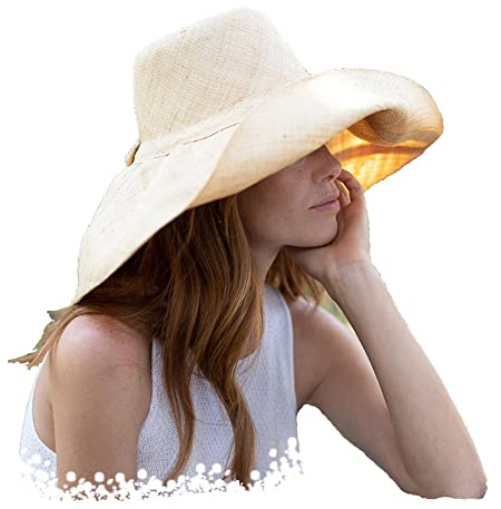 Miro Boho Chic Sombrero Pamela de ala Larga para Mujer en Rafia Natural de Madagascar, Sombrero de Playa y Boda, Color Crudo
