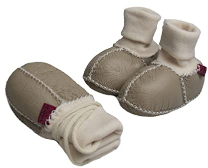 Reissner Lammfelle Lammfell Baby Booties und Fäustlinge Modell Colmar jeweils mit Strickbündchen und Ziernaht im günstigen Set. BABY-SCHUH3-BEI-20, Farbe beige, Schuhgröße 20/21