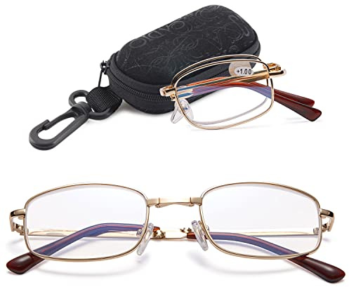 VEVESMUNDO Faltbare Lesebrille Blaulichtfilter Klappbar Metall Rechteckig Kompakt Anti Blaulicht Sehhilfe Lesehilfe Brille mit Etui für Herren Damen(1er Gold Lesebrille mit Hülle, 2.0+)