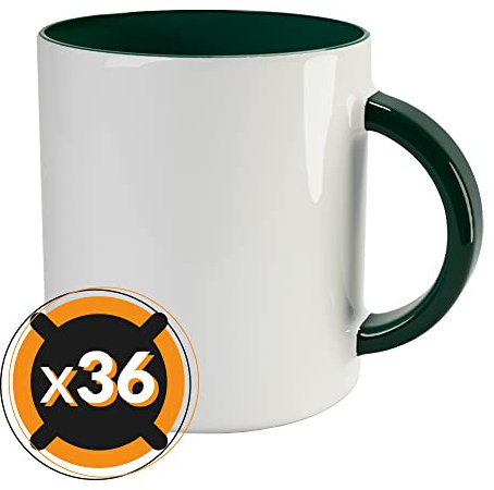 PixColor Lot de 36 tasses à sublimation en céramique blanche avec intérieur vert. Capacité : 350 ml. Catégorie AAA. Passe au micro-ondes et au lave-vaisselle. Compatible avec Cricut