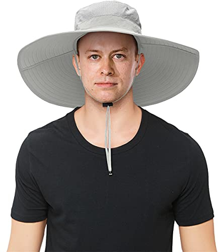 29 IYEBRAO Sonnenhut Herren mit Breiter Krempe UV-Schutz Atmungsaktiv Fischerhut Große Krempe Sommerhut Buschhut Outdoor Wanderhut Anglerhut mit Verstellbarem Kinnriemen (Hellgrau)