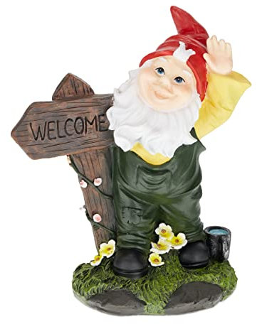 Relaxdays Gnomo da Giardino con Cartello di Benvenuto, HLP 27x22x12 cm, Statuetta Nano in Poliresina Antigelo, Colorato