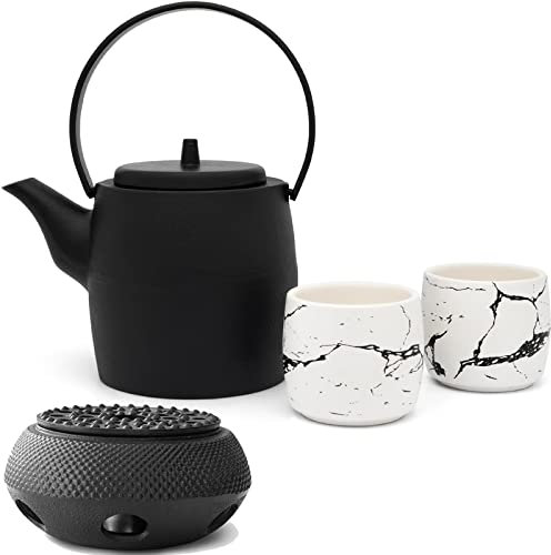 Bredemeijer Gusseisen Teepot 1.2 Liter Teekanne mit Stövchen & 2 Porzellan-Tassen (Becher) & Edelstahl Tee-Filter Sieb-Einsatz - ideal für lose Teesorten