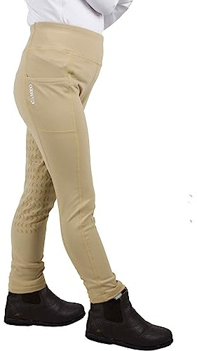 Cameo Equine Junior Core Horse Riding Tights Comfortable Flexible Phone Pocket (Beige, 26 Inch Waist)