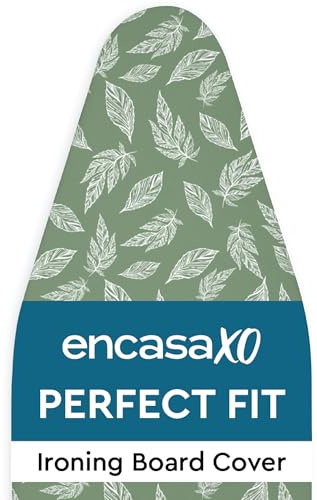 Encasa XO Bügelbrettbezug, Filzpolster, Kordelzug 135x45 cm | Große Blätter grün, 3 mm Filzpolsterung | Einfache Passform | Hitzebeständig | 100% Baumwolle | Passend 135x45 cm