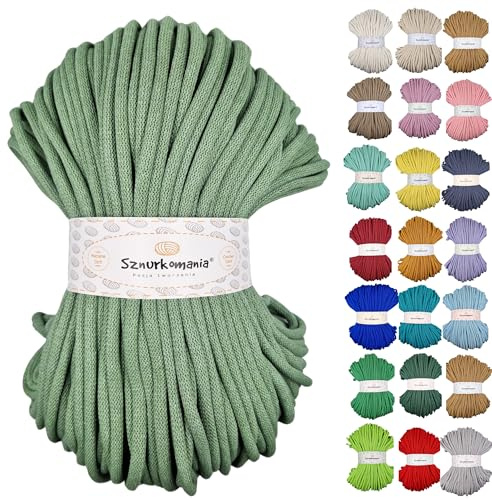 Sznurkomania, Baumwollkordel 9mm 100m, viele Farben, Makramee Garn, Baumwollgarn, geflochtene Baumwollkordel mit Kern, Makramee Kordel, Häkelkordel, Kordel 9mm, gehäkelte Tasche (Salbei)