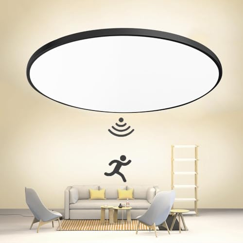 Mengjay LED Deckenleuchte,LED Deckenleuchte mit Radarbewegungsmelder， Deckenlampe Deckenleuchte IP44 Moderne Runde Anwendbar für Bad, Schlafzimmer, Küche, Wohnzimmer, Balkon, Garage (Schwarz, 40W)