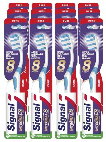 SIGNAL - Brosse à Dents Integral 8 Soin Complet - Action anti-plaque 100% prouvée - Emballage avec 75% de matériaux recyclés - Dure (lot de 12 brosses à dents), Couleur Aléatoire