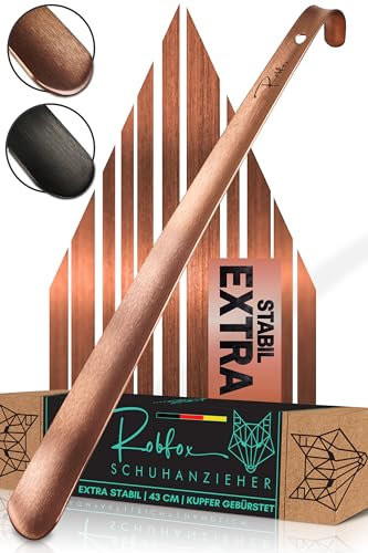 Robfox 43cm Schuhlöffel I extra stabiler Schuhanzieher aus gebürstetem Stahl I lange Schuhanziehhilfe I Rückenschonender Schuh Löffel in Premium Qualität (Kupfer)