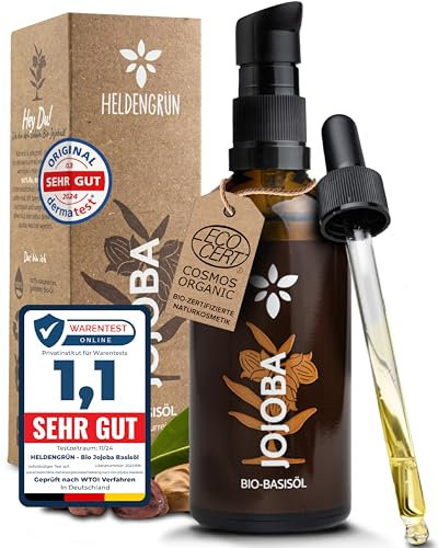 Heldengrün® BIO Jojobaöl [100% NATURREIN] Dermatologisch getestet - Sanftes Gesichtsöl - Jojobaöl Haare - Kaltgepresst & unraffiniert - Pflegt & reguliert Gesicht, Haut, Haare & Nägel