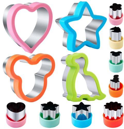 Cortadores de Galletas 12 Piezas, Kimfead Moldes de Galletas, Cortadores de Sandwich, Cortador de Frutas y Verduras Acero Inoxidable, Dinosaurio Corazón Estrella Mickey
