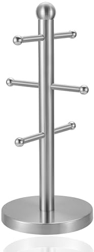 UNIQUE CRAFTS Mug Hanger Stand Tea Coffee Cup Holder with 6 Hooks | Modern Silver Mug Tree for Kitchen Storage and Organization | Durable Stainless Steel Countertop Rack | Space-Saving Cup Organizer