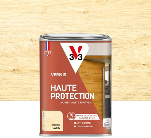 V33 Vernis bois extérieur Incolore satin - Haute Protection - Haute résistance rayures et UV - Anti-goutte et tendu bon - Ecolabel - 1L | Haute Protection - Haute résistance rayures et UV - Anti-goutte et tendu parfait - Ecolabel
