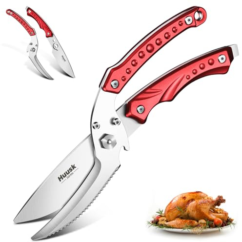 Huusk Kitchen Scissors All Purpose Detachable Poultry Shears with Serrated Edge Heavy Duty Cooking Scissors for Chicken Bone Turkey Fish Burgundy