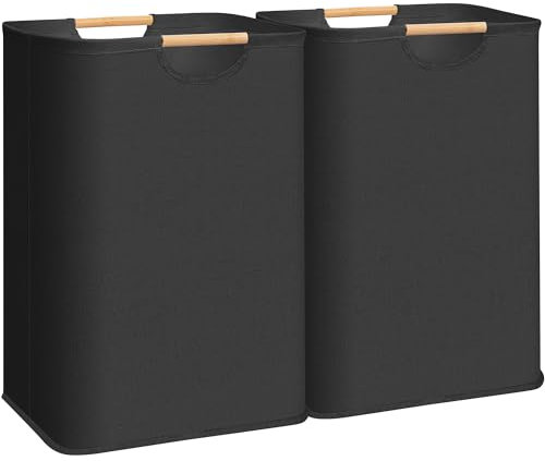 STORAGE MANIAC 2-Pack Large Laundry Hamper, 80L (21.1 Gal) Collapsible Laundry Basket with Bamboo Handles, Freestanding Waterproof Clothes Hamper for Laundry Room, Bedroom, Dorm, Towels, Toys, Black