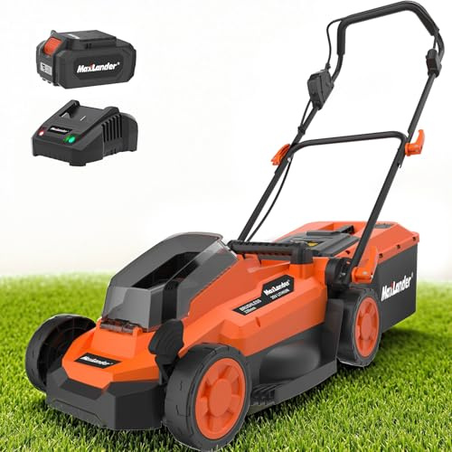 Maxlander Cortacésped eléctrico de 13 pulgadas, inalámbrico, 20 V, 2 en 1, alimentado por batería, con motor sin escobillas, ajuste de altura de 5 posiciones, batería y cargador incluidos