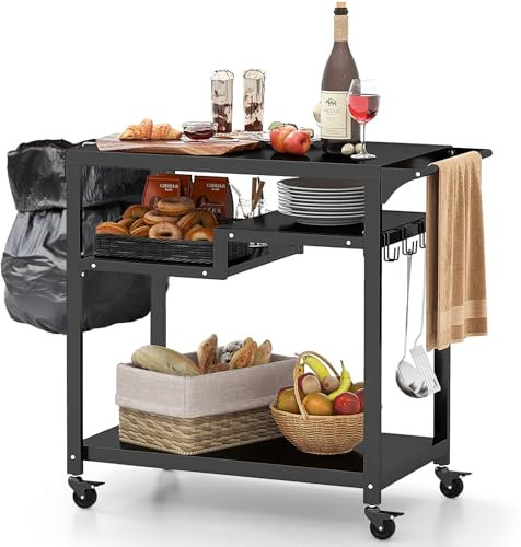 GYMAX Carrito para Barbacoa, Mesa con Ruedas y Estantes Abiertos, Mesa para Pizza con Ganchos y Portacontenedores, Carrito de Jardín, Carrito para Cocina y Terraza (4 Estantes)
