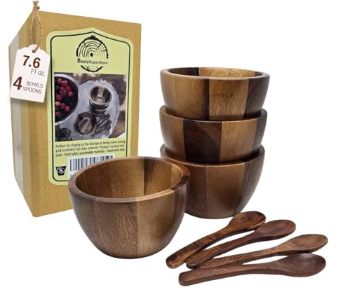 BestySuperStore Lot de 4 bols ronds en bois d'acacia empilables de 7,6 cm de diamètre avec 4 cuillères pour servir la salade, la salsa, la sauce, les collations, le riz, les pâtes, les céréales, les