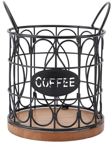 Kuuleyn Panier à café moderne de grande capacité, panier à dosettes de café, porte-capsules de café en fil rond décoratif avec base en bois pour comptoir de cuisine de café (Schwarz)