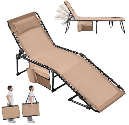 Yaheetech Sonnenliege Klappbar mit 5-Fach Verstellbarer Rückenlehne, Beige | 189x57x38cm, Stabil & Tragbar Strandliege Gartenliege Campingbett mit Kissen & Seitentasche bis 120kg für Outdoor